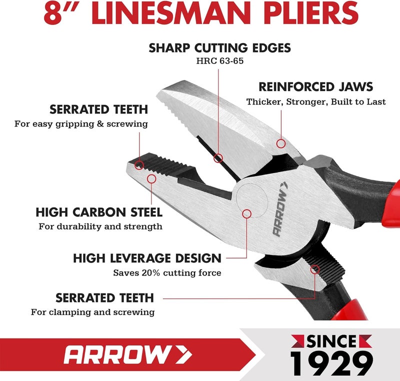 Arrow Fastener ARROW 8" High Leverage Linemans Pliers, Side Cutters, Linesman Pliers for Wire Cutting, Gripping - Image 4